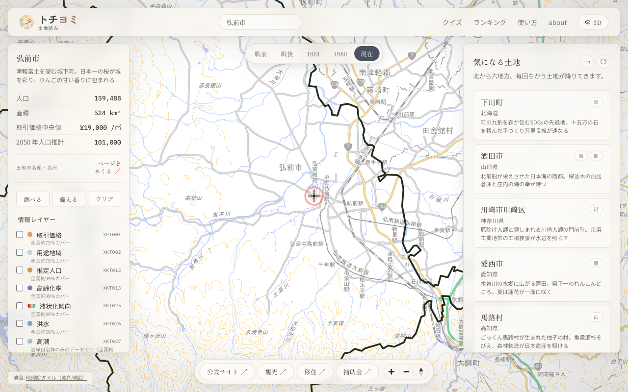 日本地図の全体表示。地点にカーソルを重ねたりクリックして土地を開く操作