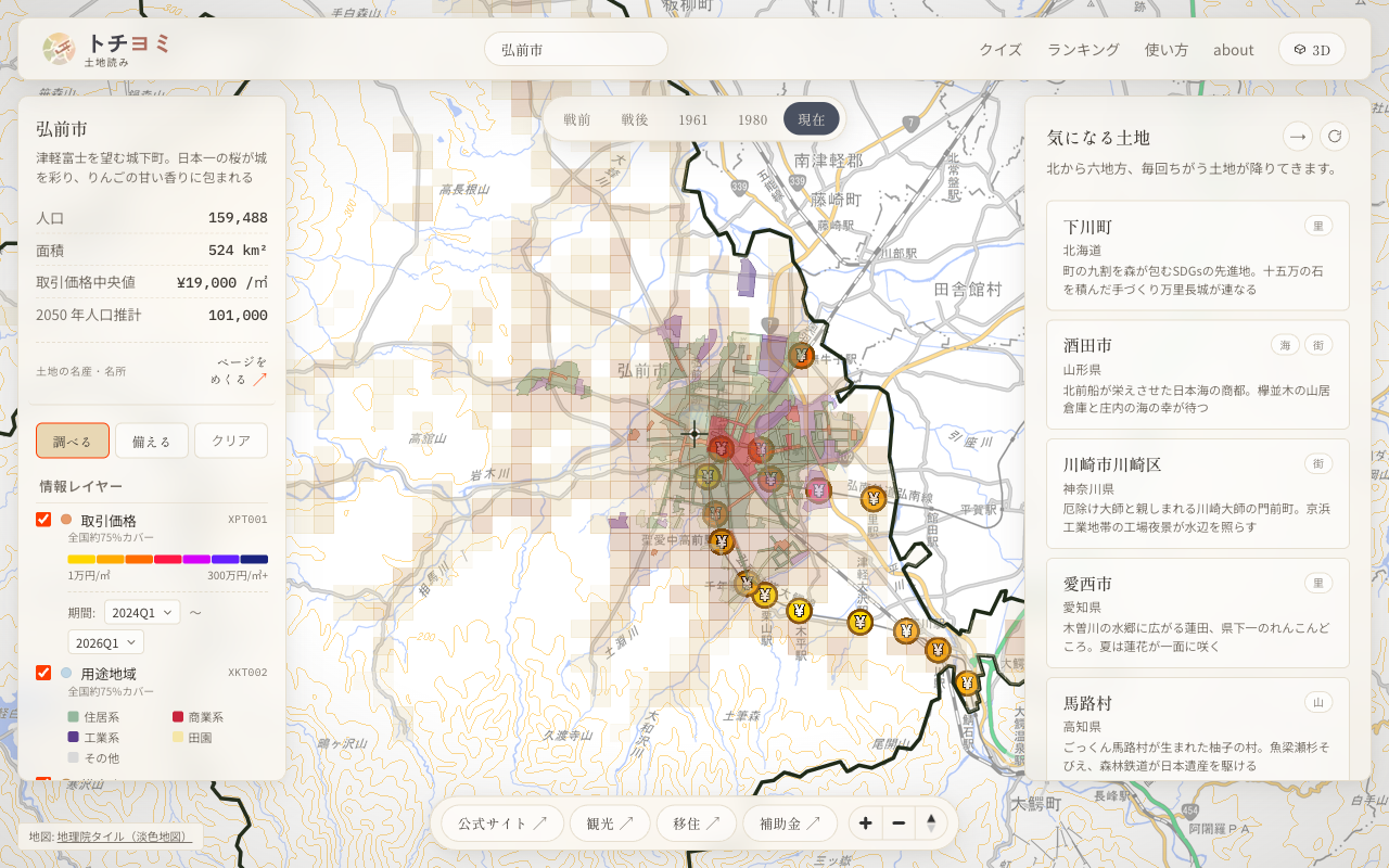 左パネルのプリセットでレイヤーを重ね、地価・人口を地図に表示した状態